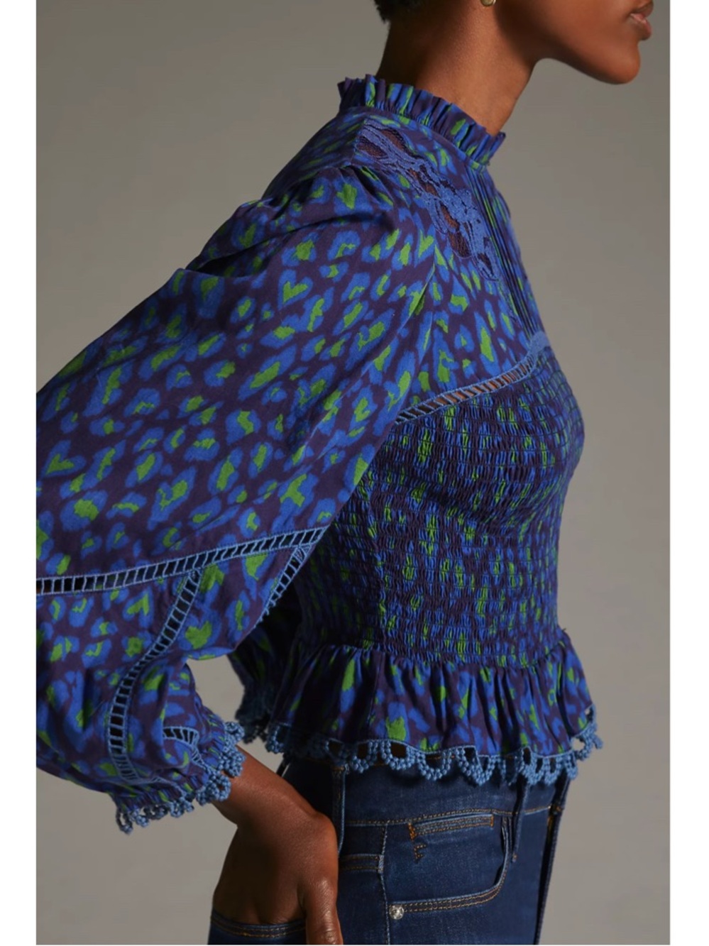 Farm Rio Leopard Pop Smocked Peplum Blouse Long Puff Sleeve Boho Top Size Medium - Picture 7 of 16
